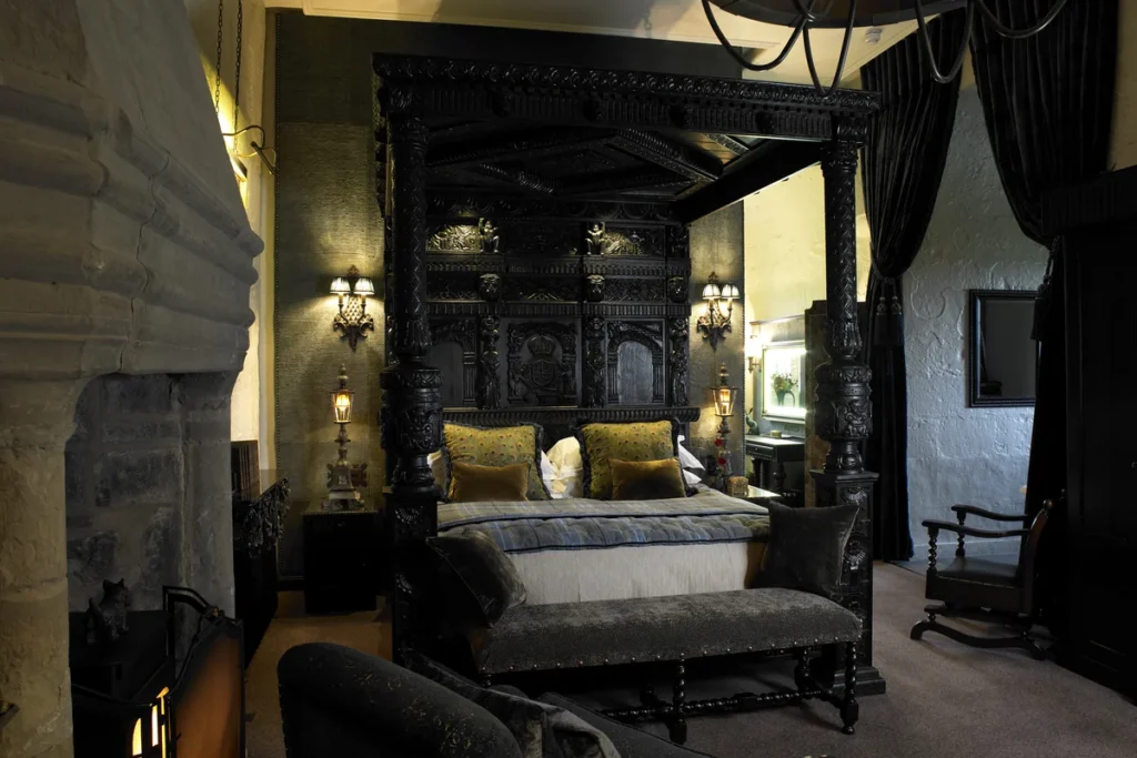 borthwick bedroom with black poles