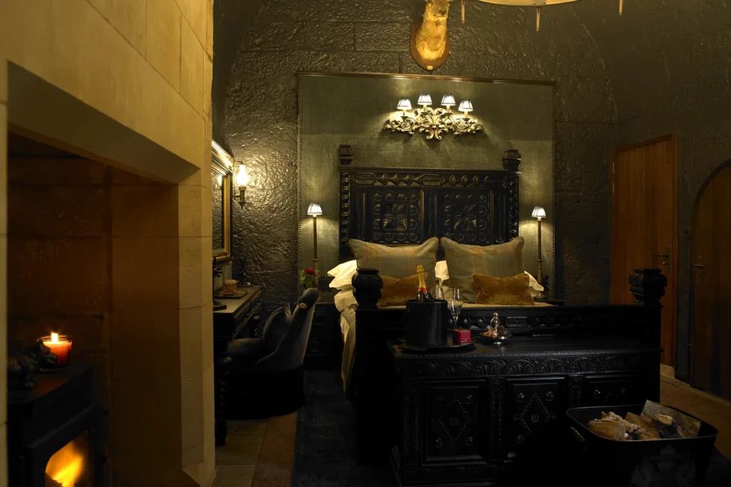 borthwick bedroom with lights above bed