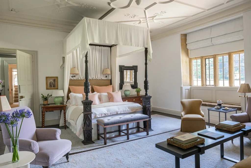 newton surmaville double bed with white drapes